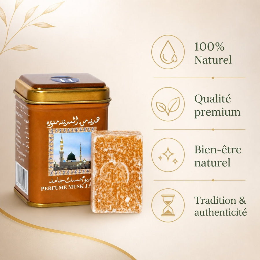 Parfum solide Musc Jamid Hemani 25 g – infographie des bienfaits et des ingrédients clés