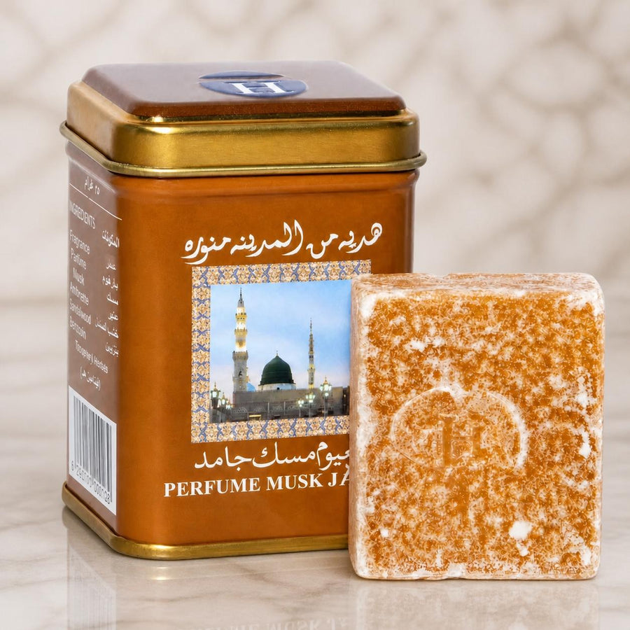 Parfum solide Musc Jamid Hemani 25 g – gros plan sur les détails et la finition du packaging
