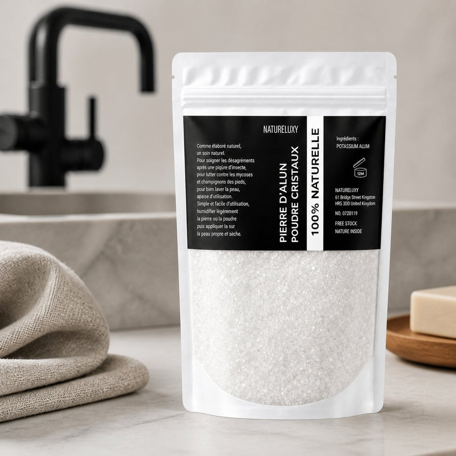 Pierre d'Alun en poudre 50g – présentation du produit dans une salle de bain lumineuse et naturelle