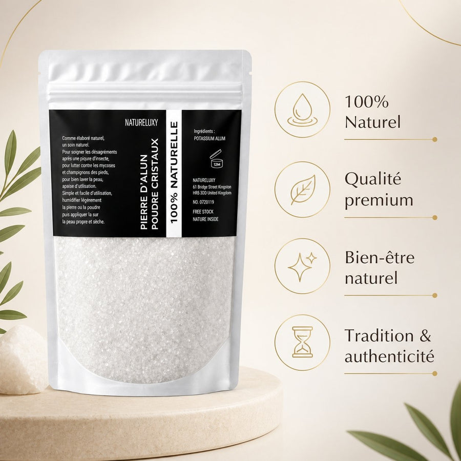 Pierre d'Alun en poudre 50g – infographie des bienfaits et des ingrédients clés