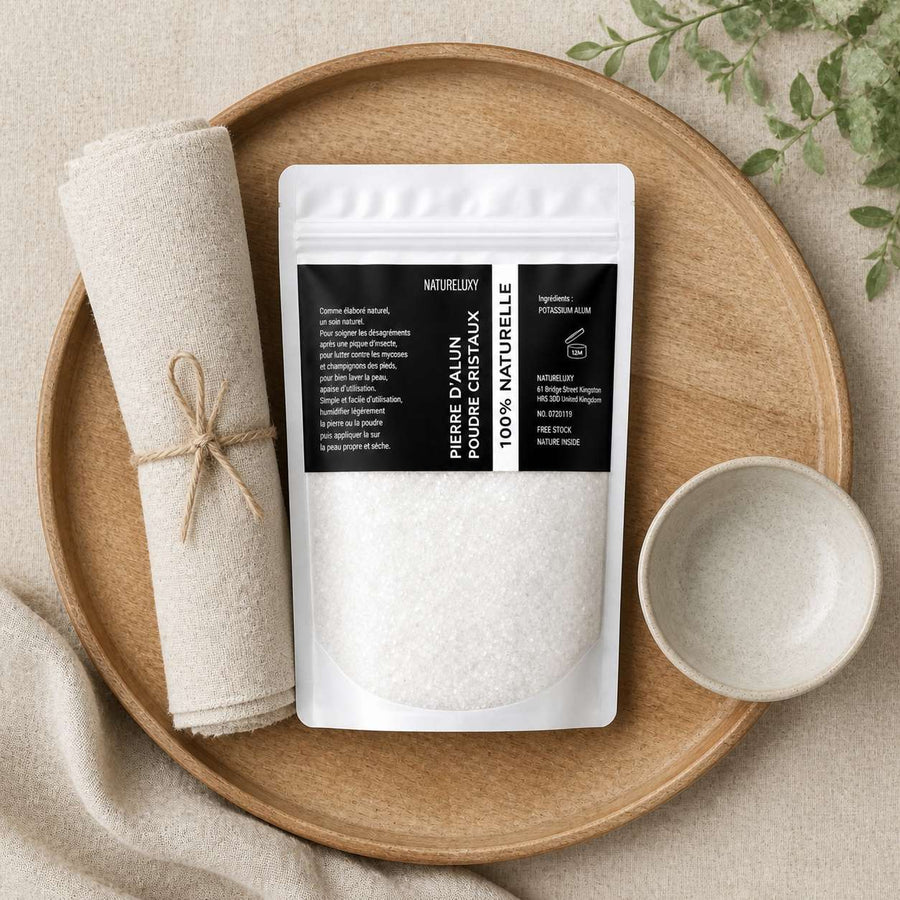 Pierre d'Alun en poudre 50g – rituel d'utilisation vu du dessus, ambiance naturelle zen