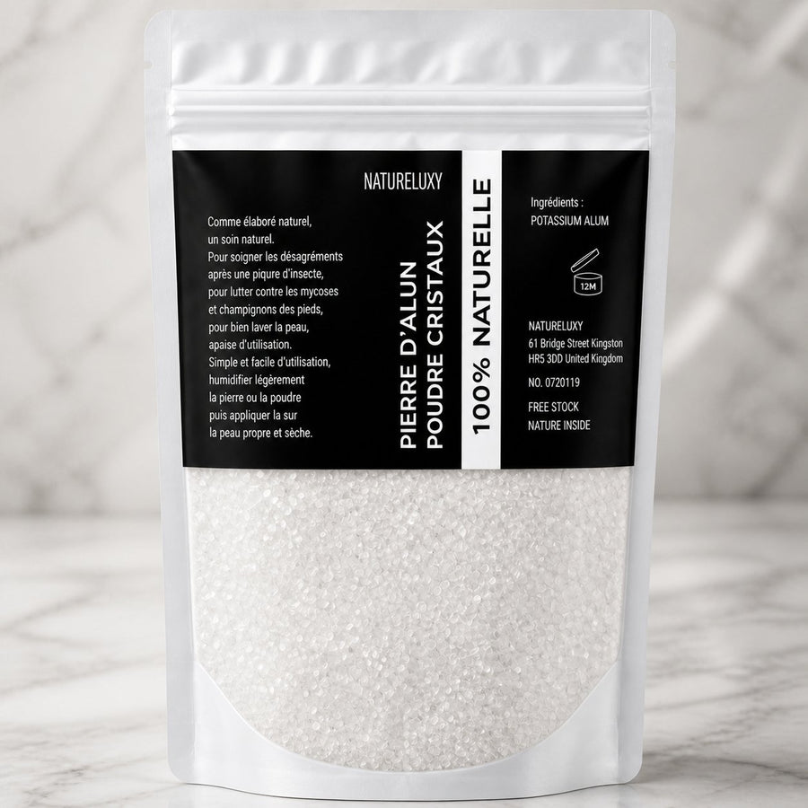 Pierre d'Alun en poudre 50g – gros plan sur les détails et la finition du packaging