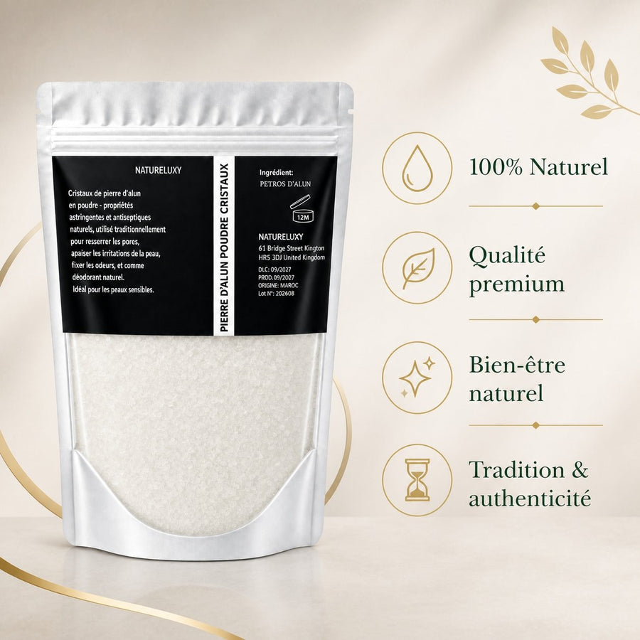 Pierre d'Alun en Poudre 80 g - Usage Cosmétique – infographie des bienfaits et des ingrédients clés
