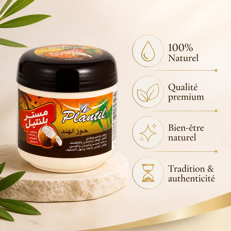 Plantil Pommade Capillaire Huile de Coco - Démêle et fait Briller les Cheveux – infographie des bienfaits et des ingrédients clés