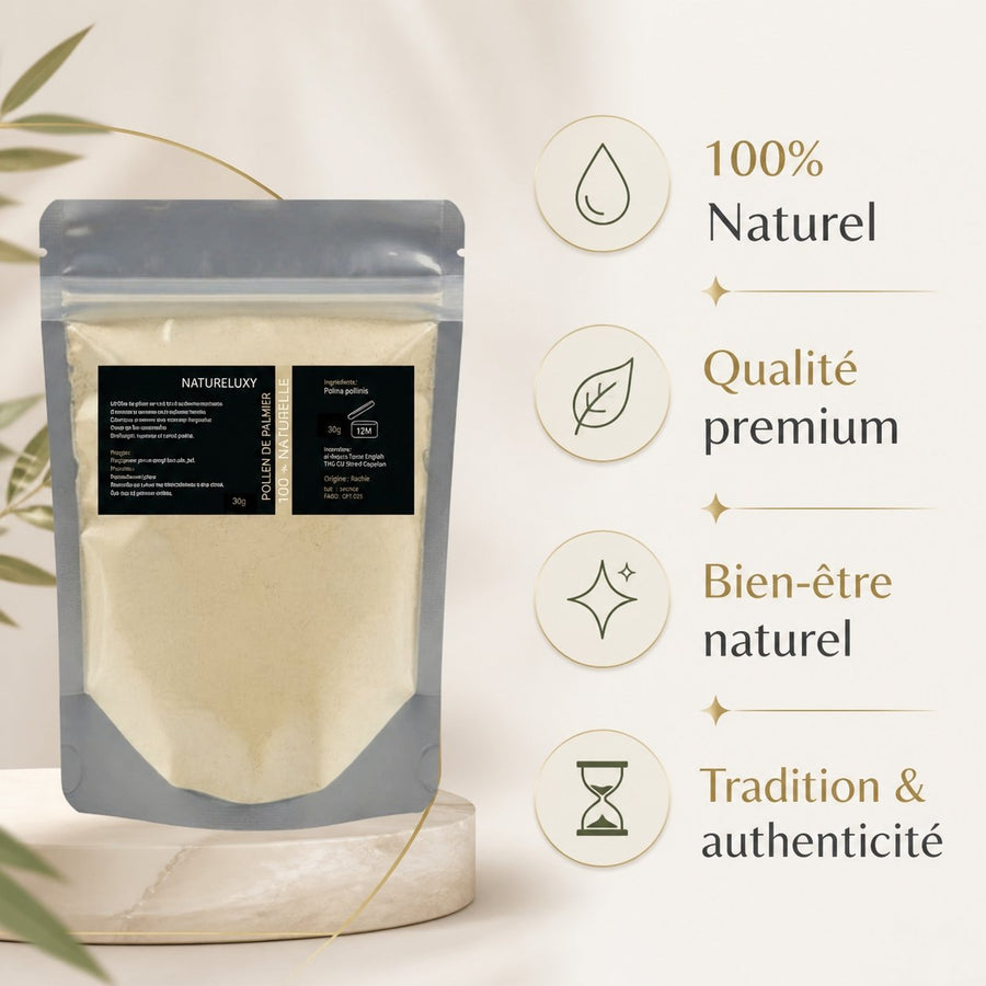 Pollen de palmier Pur 100% naturel 90g – infographie des bienfaits et des ingrédients clés