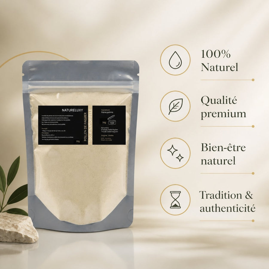 Pollen de palmier Pur et naturel 60g – infographie des bienfaits et des ingrédients clés