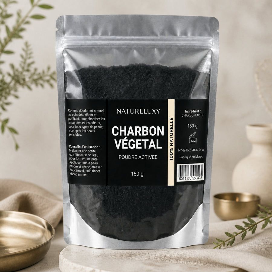 Poudre de Charbon 150gr Dent Blanche Natureluxy Blanchiment des Dents Naturel - vue principale hero sur fond blanc, packaging d'origine préservé