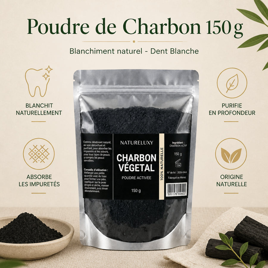 Poudre de Charbon 150gr Dent Blanche Natureluxy Blanchiment des Dents Naturel - infographie des bienfaits en français, packaging d'origine