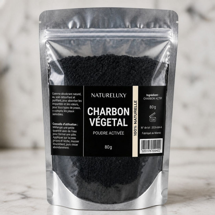 Poudre de Charbon 80gr Dent Blanche Natureluxy Blanchiment des Dents Naturel – gros plan sur les détails et la finition du packaging