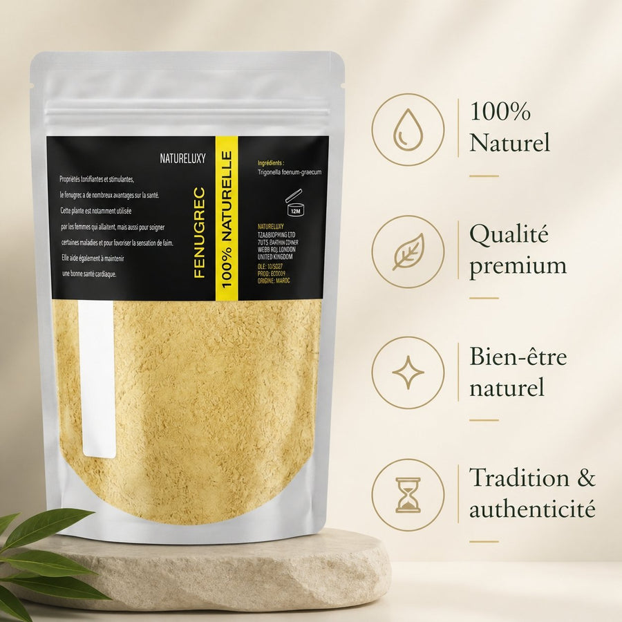Poudre de Fenugrec (Moulu) - 200g – infographie des bienfaits et des ingrédients clés
