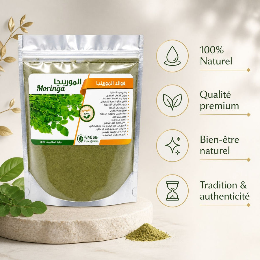 Poudre de Feuilles de Moringa Oleifera - 250g – infographie des bienfaits et des ingrédients clés