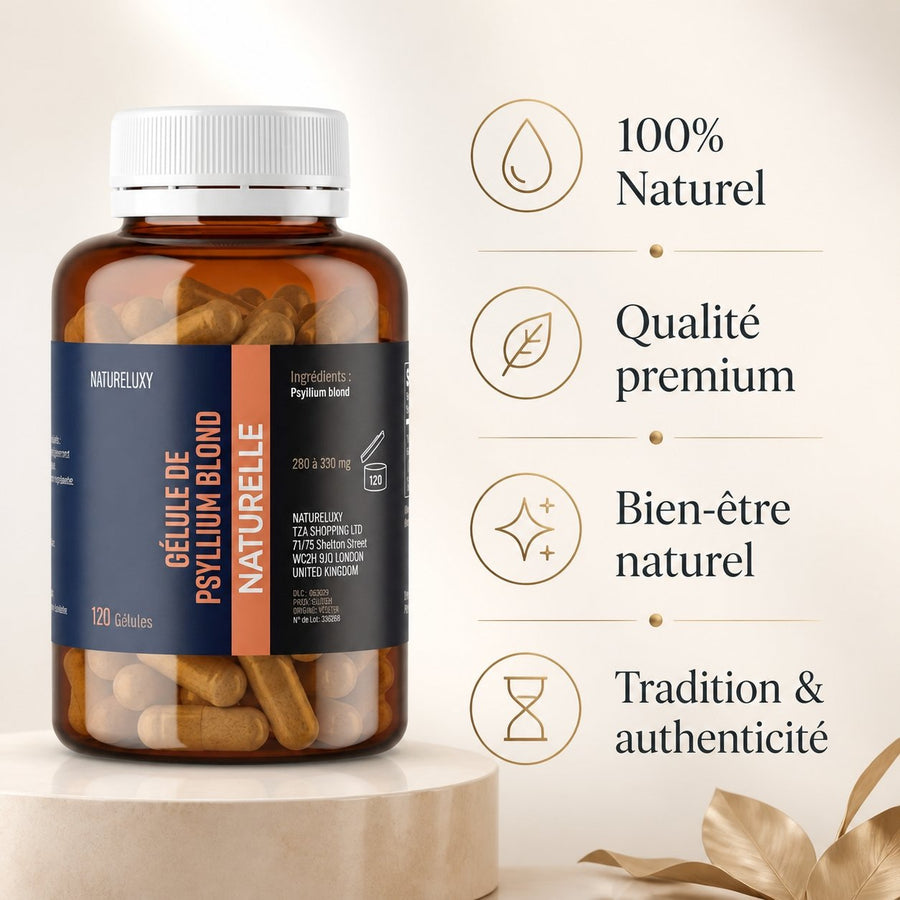 Psyllium Blond 120 Gélules Végétales – Origine Inde – Complément Alimentaire – infographie des bienfaits et des ingrédients clés