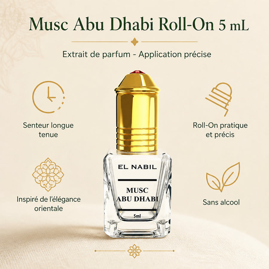 2X Musc Abu Dhabi avec applicateur Roll-On - 5mL - infographie des bienfaits en français, packaging d'origine