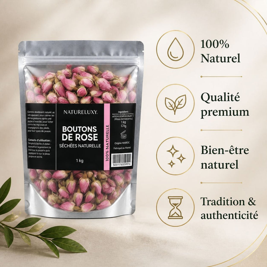 Rose Bourgeons Pétales de Rose Séchés Brute 1kg – infographie des bienfaits et des ingrédients clés