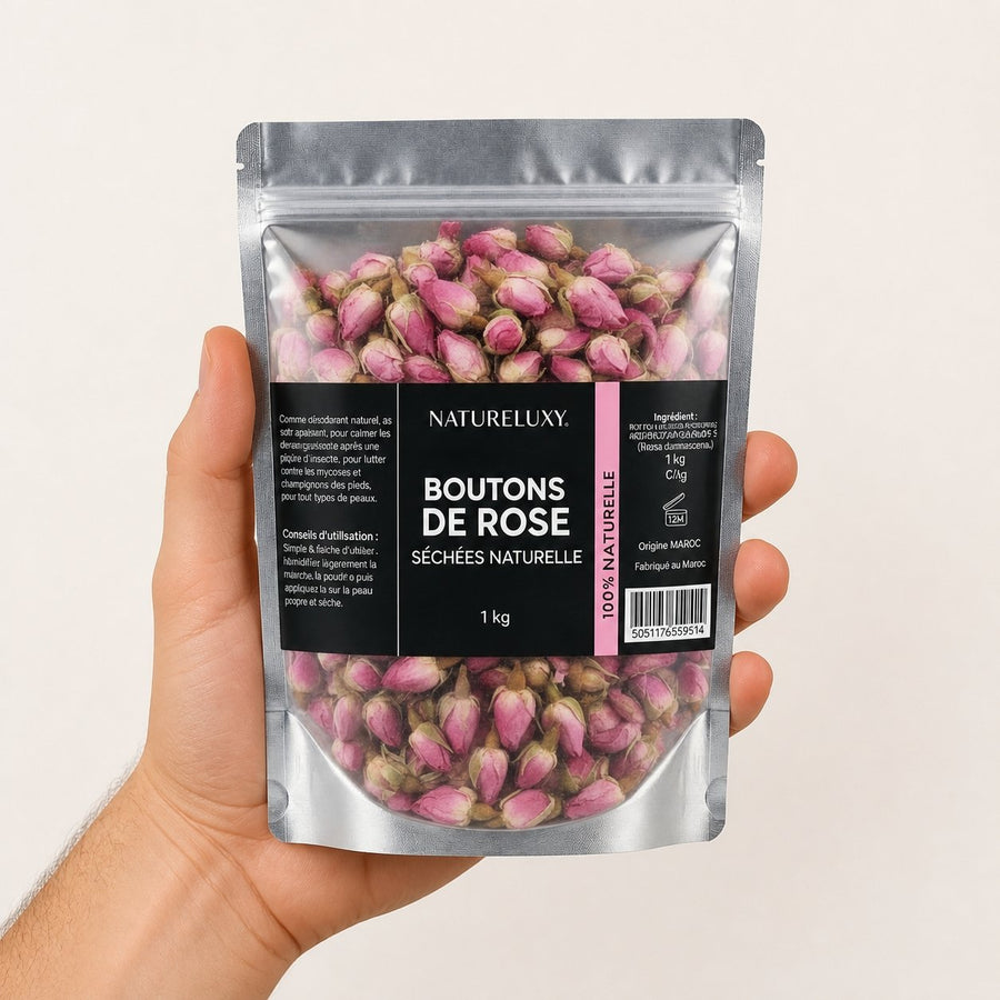 Rose Bourgeons Pétales de Rose Séchés Brute 1kg – taille et contenance réelles du produit en main