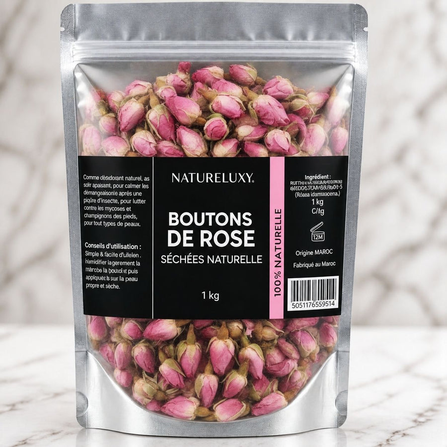 Rose Bourgeons Pétales de Rose Séchés Brute 1kg – gros plan sur les détails et la finition du packaging