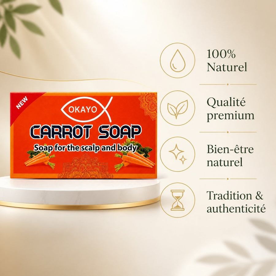Savon à la Carotte Teint Clair Agit sur l'acné - Okayo – infographie des bienfaits et des ingrédients clés