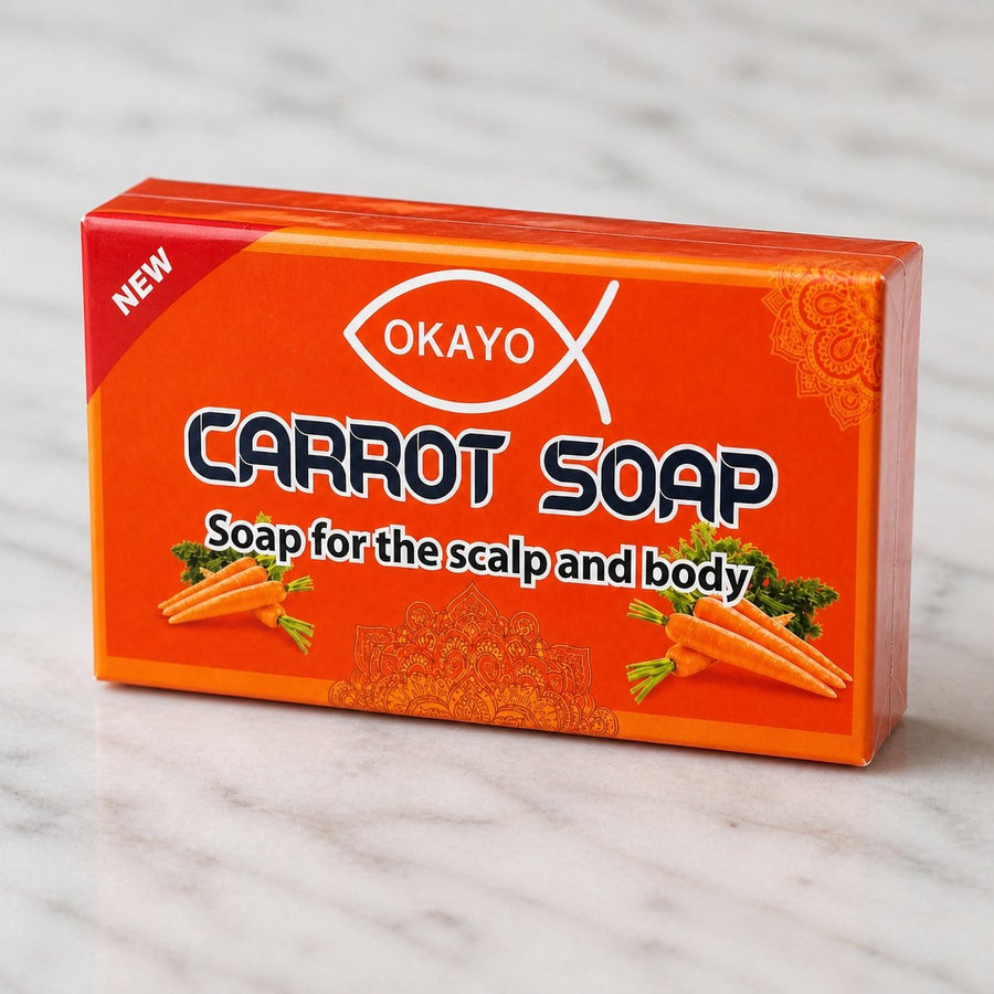 Savon à la Carotte Teint Clair Agit sur l'acné - Okayo – gros plan sur les détails et la finition du packaging