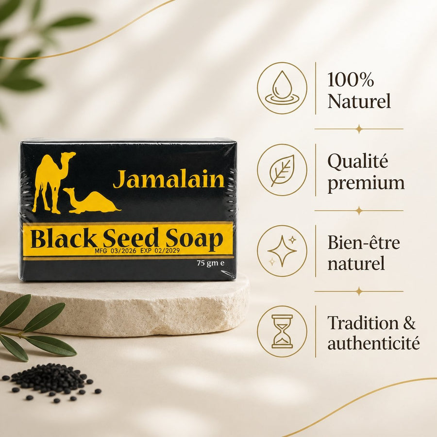 Savon à l’huile de Nigelle 75g - Végétal Exfoliant – infographie des bienfaits et des ingrédients clés