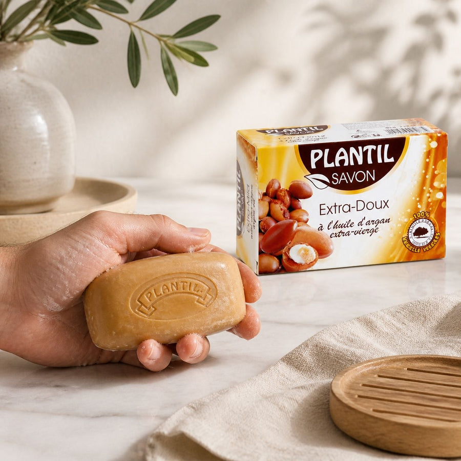 Savon à l’Argan Extra-Doux Plantil 80 g – application en situation réelle, geste de soin quotidien