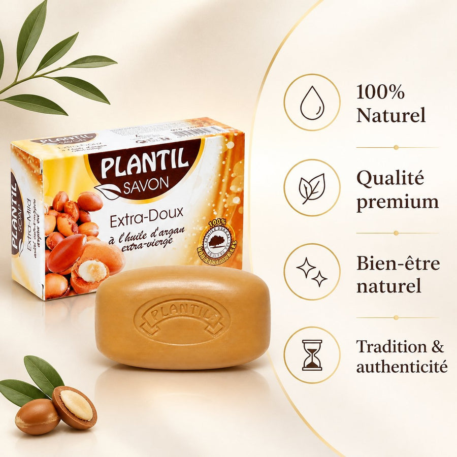 Savon à l’Argan Extra-Doux Plantil 80 g – infographie des bienfaits et des ingrédients clés