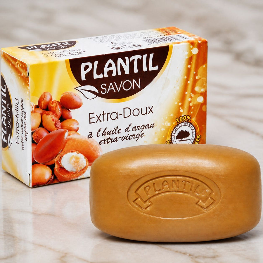 Savon à l’Argan Extra-Doux Plantil 80 g – gros plan sur les détails et la finition du packaging