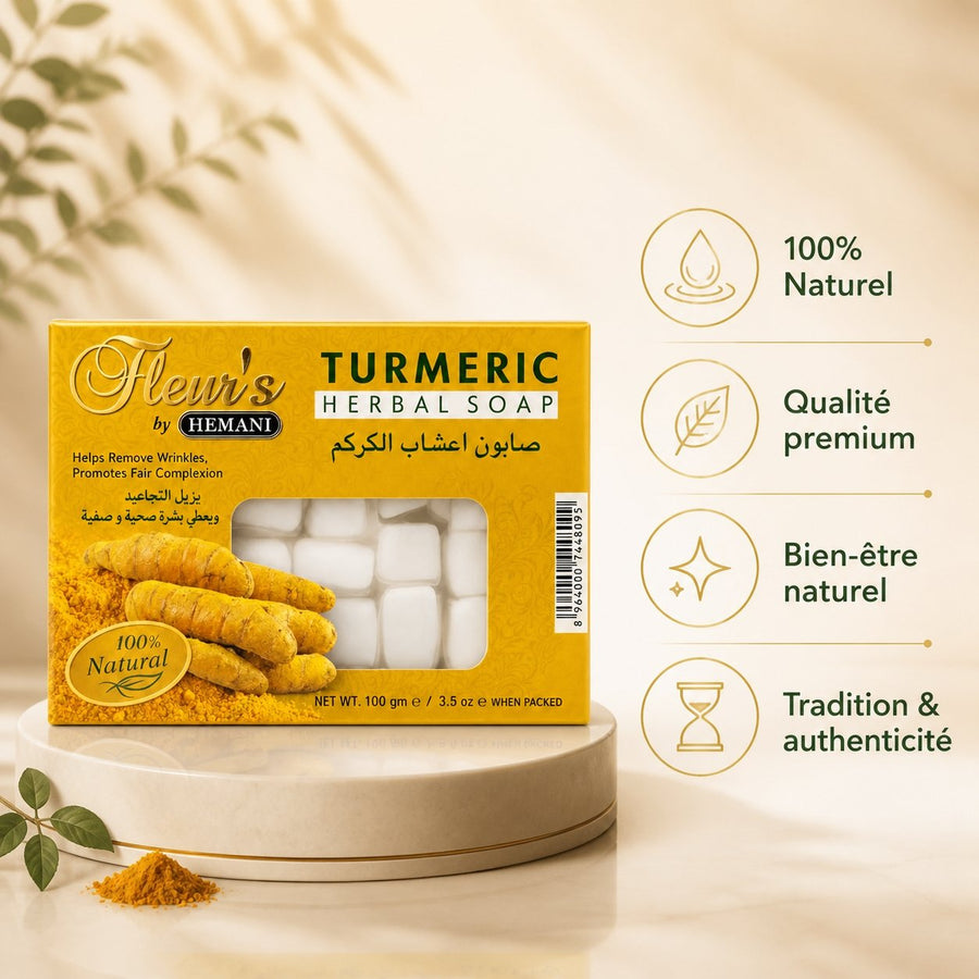 Savon au Curcuma Hemani - 100g – infographie des bienfaits et des ingrédients clés