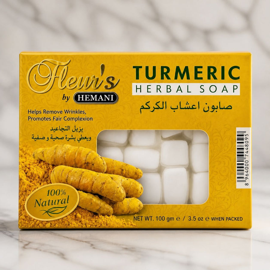 Savon au Curcuma Hemani - 100g – gros plan sur les détails et la finition du packaging