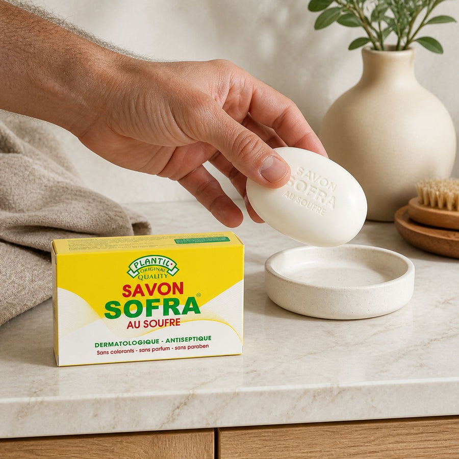 Lot de 2 – Savon Sofra au Soufre Anti-Acné (Peaux Grasses & Sensibles) | Sans Parfum, Sans Paraben, Sans Colorant – application en situation réelle, geste de soin quotidien