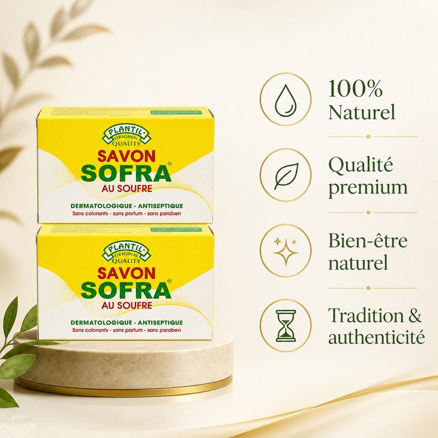 Lot de 2 – Savon Sofra au Soufre Anti-Acné (Peaux Grasses & Sensibles) | Sans Parfum, Sans Paraben, Sans Colorant – infographie des bienfaits et des ingrédients clés