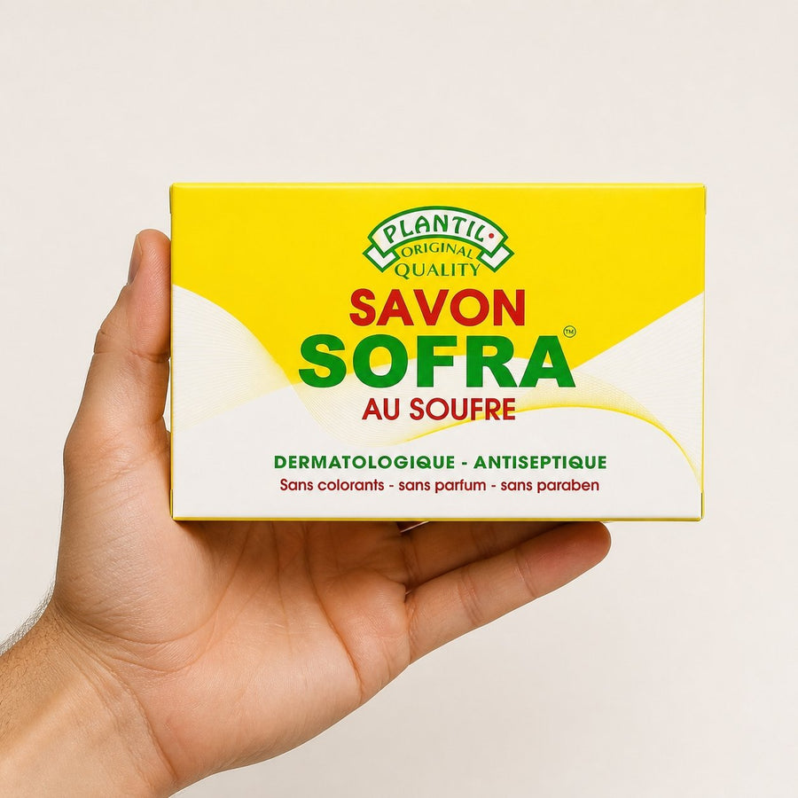Lot de 2 – Savon Sofra au Soufre Anti-Acné (Peaux Grasses & Sensibles) | Sans Parfum, Sans Paraben, Sans Colorant – taille et contenance réelles du produit en main