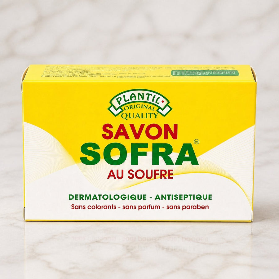 Lot de 2 – Savon Sofra au Soufre Anti-Acné (Peaux Grasses & Sensibles) | Sans Parfum, Sans Paraben, Sans Colorant – gros plan sur les détails et la finition du packaging