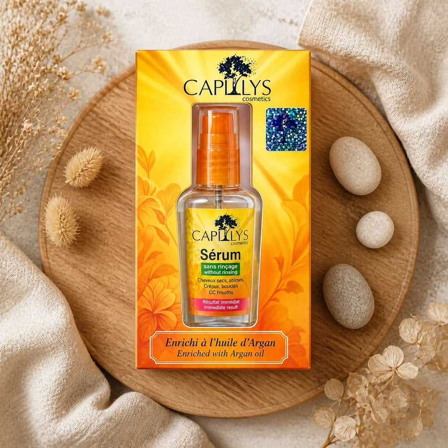 Serum à l'huile d'Argan Capilys 30ml – composition flat lay avec éléments naturels, vue du dessus