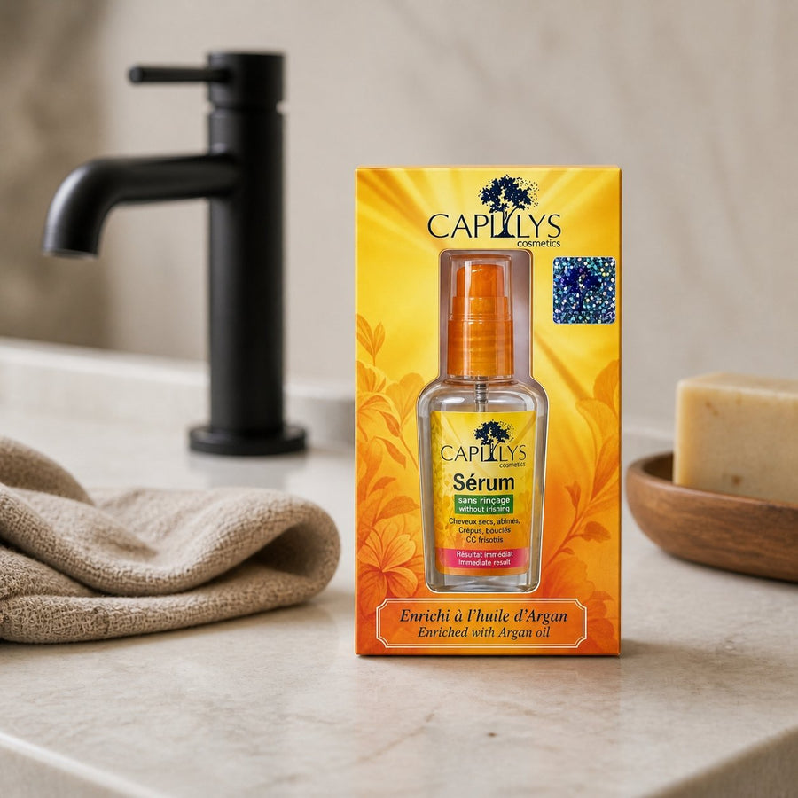 Serum à l'huile d'Argan Capilys 30ml – présentation du produit dans une salle de bain lumineuse et naturelle