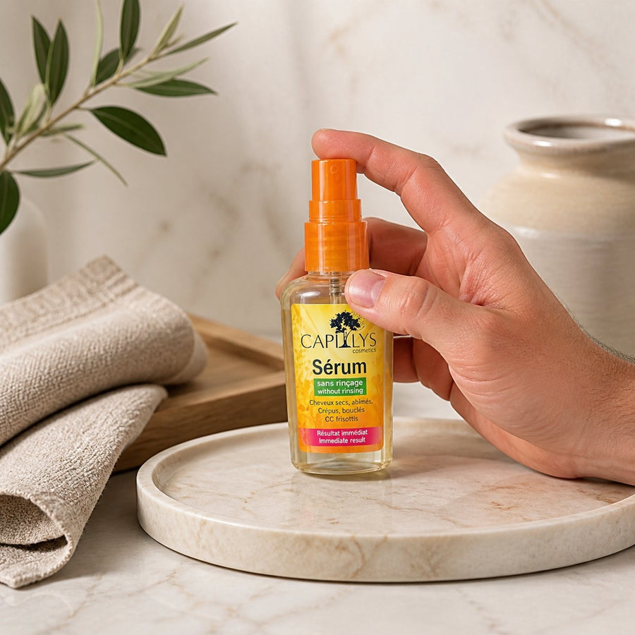 Serum à l'huile d'Argan Capilys 30ml – application en situation réelle, geste de soin quotidien