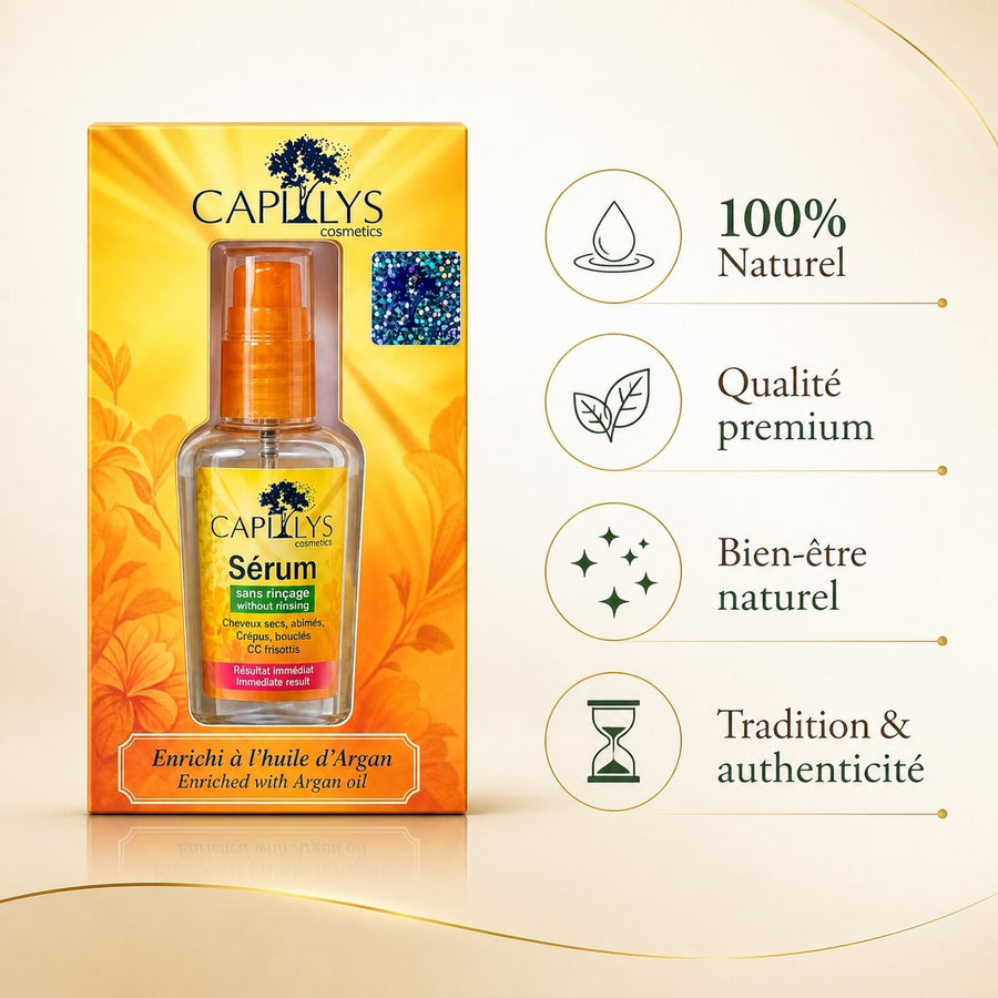 Serum à l'huile d'Argan Capilys 30ml – infographie des bienfaits et des ingrédients clés
