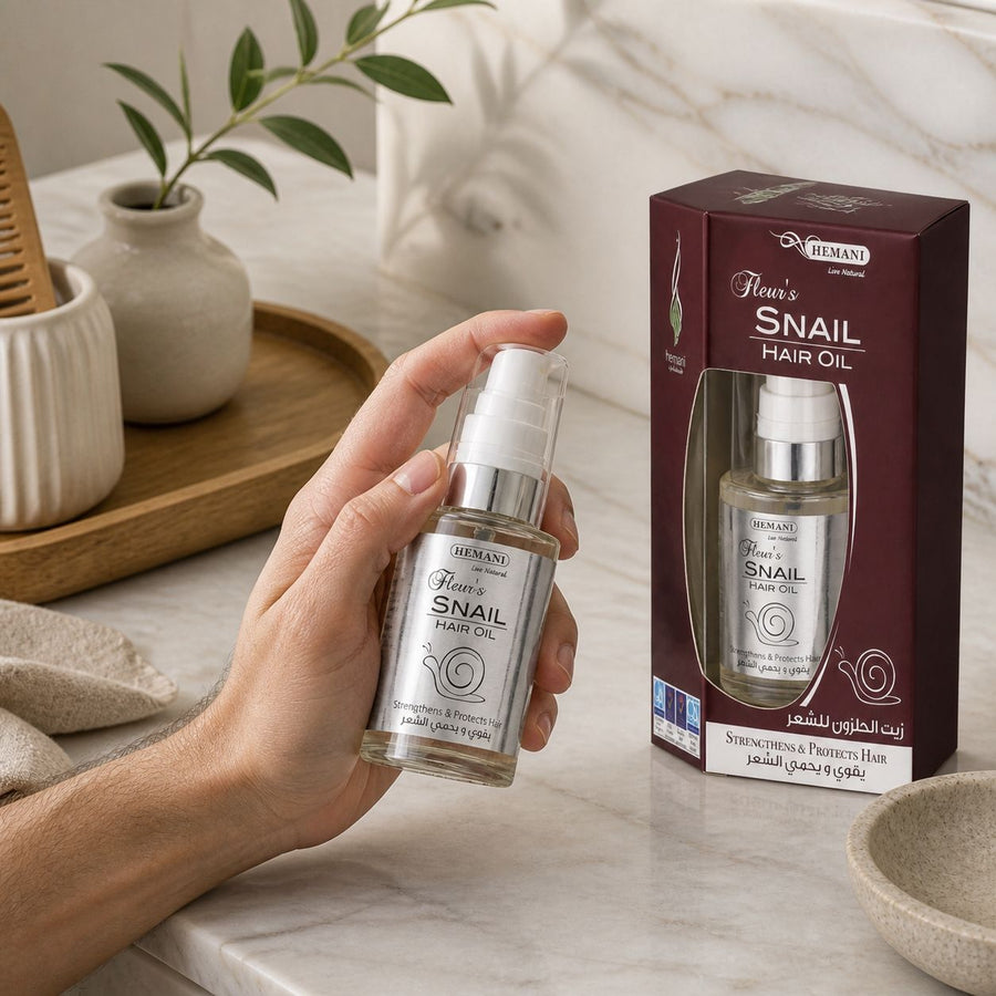 Huile capillaire à la bave d'escargot - Hemani 60mL – application en situation réelle, geste de soin quotidien