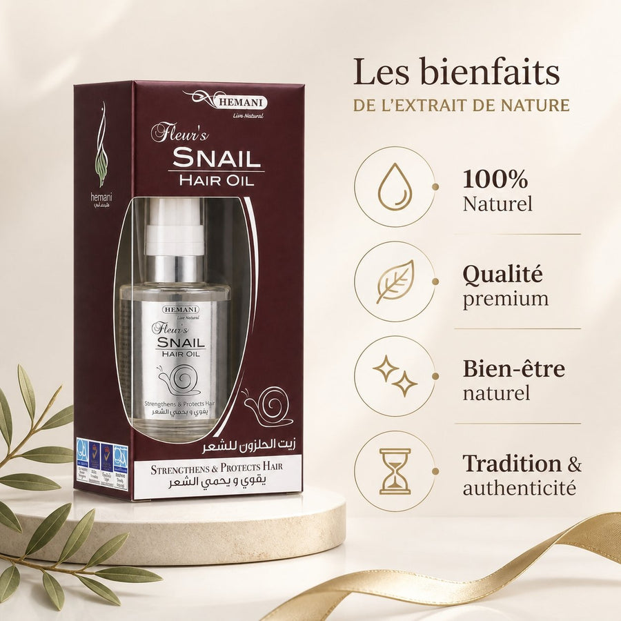 Huile capillaire à la bave d'escargot - Hemani 60mL – infographie des bienfaits et des ingrédients clés