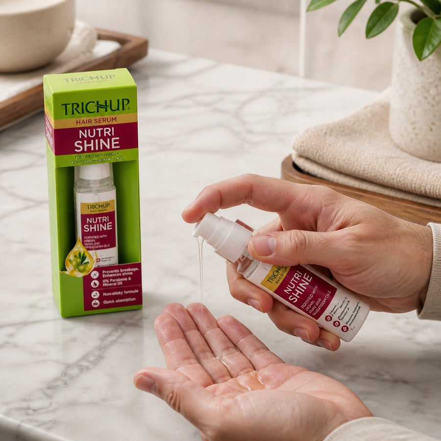 Sérum Capillaire Trichup Brillance Nutri Shine – application en situation réelle, geste de soin quotidien