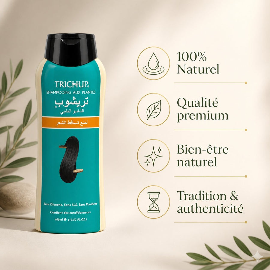 Shampoing Anti-Chute Soin Indien Trichup 400ml – infographie des bienfaits et des ingrédients clés