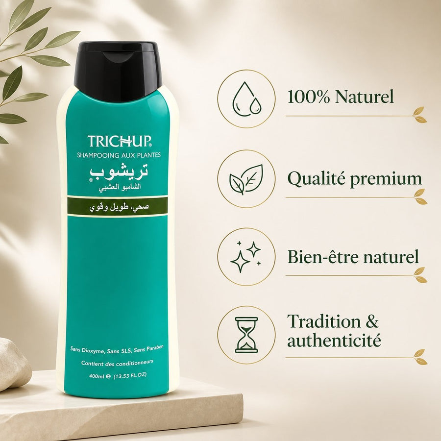 Shampoing Soin Indien Favorise la Pousse des cheveux Trichup 400ml – infographie des bienfaits et des ingrédients clés