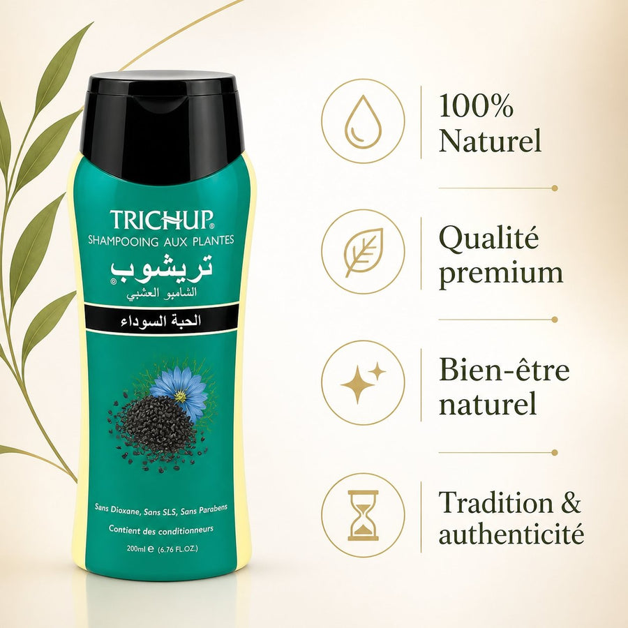 Shampoing Soin Indien à la Graine de Nigelle 200mL Trichup – infographie des bienfaits et des ingrédients clés