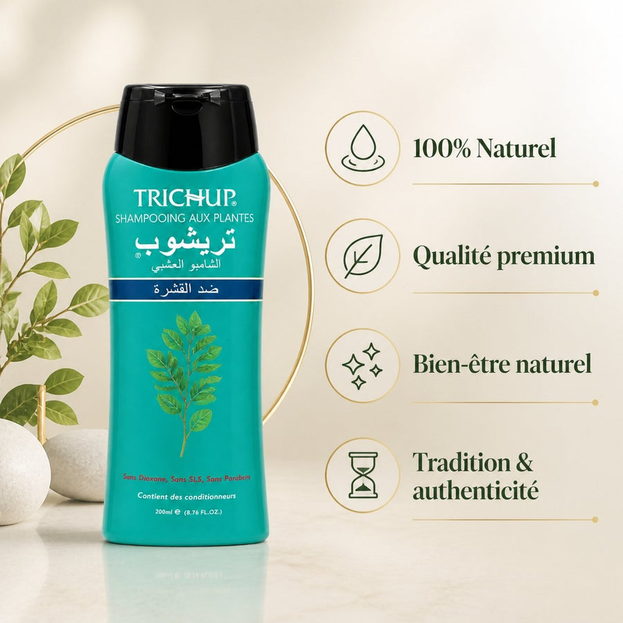 Shampoing Soin Indien Anti-pelliculaire Trichup 200ml – infographie des bienfaits et des ingrédients clés