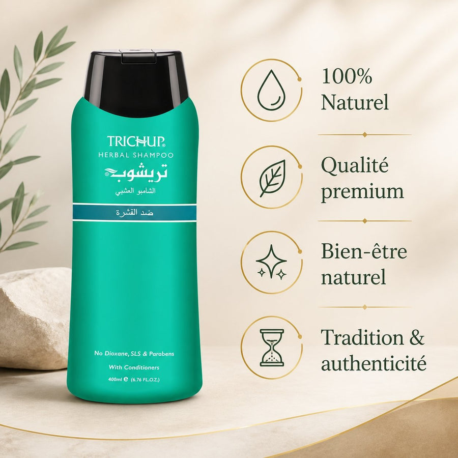Shampoing Soin Indien Anti-pelliculaire Trichup - 400ml – infographie des bienfaits et des ingrédients clés