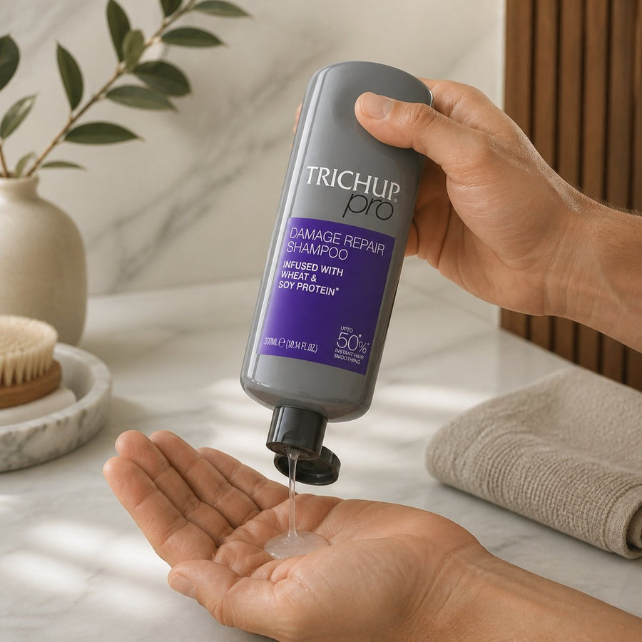 Shampoing réparateur Trichup Pro aux protéines de blé et de soja, 300 ml – application en situation réelle, geste de soin quotidien