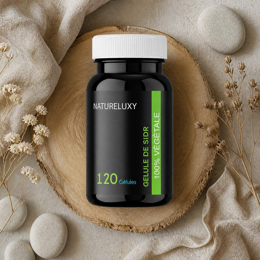 120 Gélules de Sidr – composition flat lay avec éléments naturels, vue du dessus