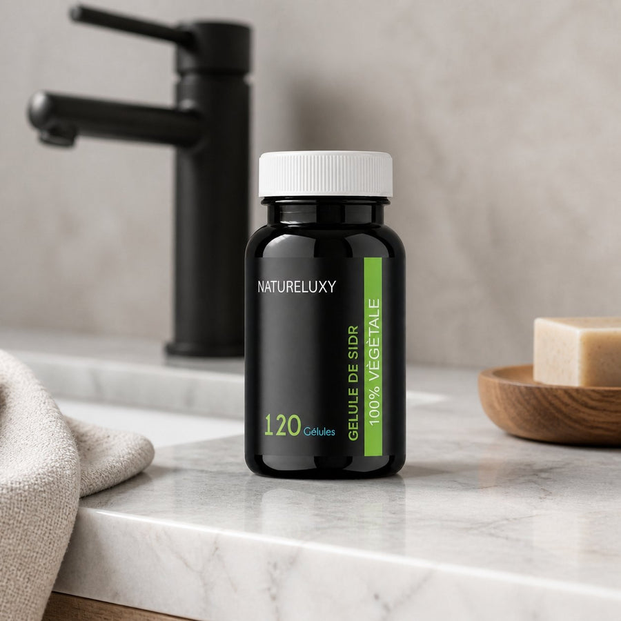 120 Gélules de Sidr – présentation du produit dans une salle de bain lumineuse et naturelle