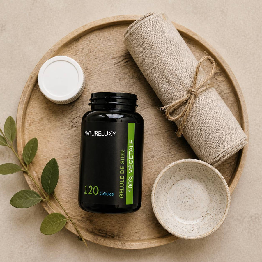 120 Gélules de Sidr – rituel d'utilisation vu du dessus, ambiance naturelle zen
