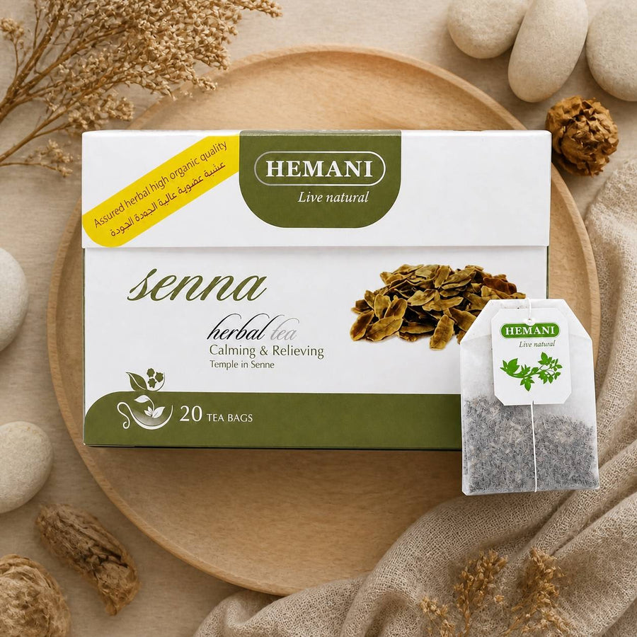 Tisane de Séné Hemani 20 Sachets - Infusion Plantes – composition flat lay avec éléments naturels, vue du dessus