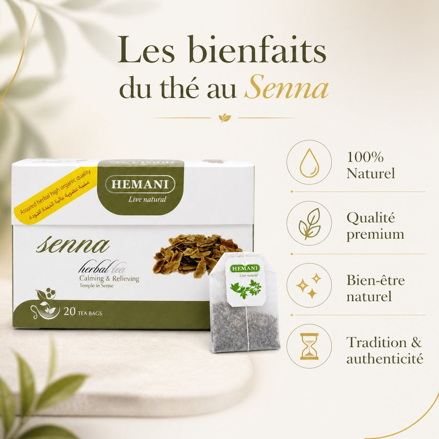 Tisane de Séné Hemani 20 Sachets - Infusion Plantes – infographie des bienfaits et des ingrédients clés